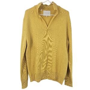 Seven Gauge Mens Sweater Yellow 100% Wool Knit Collared V-neck Pullover Size L